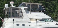 Photo of Sea Ray 420 Aft Cabin, 2000: Bridge Bimini Top and Enclosure Curtains, Aft Hard-Top, Side and Aft Curtains, viewed from Port Side 