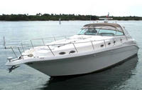 Photo of Sea Ray 450 Sundancer, 1997: Bimini Visor, Side Curtains, Sunshade in Linen Tweed, viewed from Port Front 