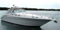 Photo of Sea Ray 450 Sundancer, 1997: Bimini Visor, Side Curtains, Sunshade in Linen Tweed, viewed from Starboard Front 