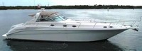 Photo of Sea Ray 450 Sundancer, 1997: Bimini Visor, Side Curtains, Sunshade in Linen Tweed, viewed from Starboard Side 