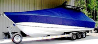 SeaCraft® 32CC T-Top-Boat-Cover-Sunbrella-3199™ Custom fit TTopCover(tm) (Sunbrella(r) 9.25oz./sq.yd. solution dyed acrylic fabric) attaches beneath factory installed T-Top or Hard-Top to cover entire boat and motor(s)