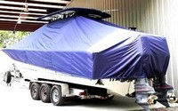 SeaCraft® 32CC T-Top-Boat-Cover-Sunbrella-3199™ Custom fit TTopCover(tm) (Sunbrella(r) 9.25oz./sq.yd. solution dyed acrylic fabric) attaches beneath factory installed T-Top or Hard-Top to cover entire boat and motor(s)