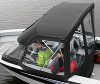 Photo of Smoker Craft 172 Osprey, 2014: Convertible Top Convertible, Side and Aft Curtains Black Polyester, viewed from Port Side, Above 