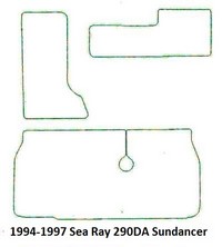 Carpet-Set_Snap-In-Carpet_SeaRay290DA94-97™SKU# SeaRay290DA94-97, (3)piece Snap-In Marine Carpet Mat Set (3 Cockpit, 0 Cabin) for Sea Ray 290 Sundancer (1994-1997 models). Custom fit mat(s) offered in Marine Carpet (Berber, Cut Pile or Marine Tuft with AquaLoc(tm) or HydraBak(tm) backing) OR Marine Weave Vinyl (with thick Vinyl backing) (these backings do NOT degrade like some factory OEM black rubber backing), durable Sunbrella(r) edge binding and Stainless Steel Snaps