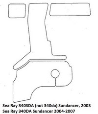 Carpet-Set_Snap-In-Carpet_SeaRay340DA03-07™SKU# SeaRay340DA03-07, (4)piece Snap-In Marine Carpet Mat Set (4 Cockpit, 0 Cabin) for Sea Ray 340 Sundancer (2003-2008 models). Custom fit mat(s) offered in Marine Carpet (Berber, Cut Pile or Marine Tuft with AquaLoc(tm) or HydraBak(tm) backing) OR Marine Weave Vinyl (with thick Vinyl backing) (these backings do NOT degrade like some factory OEM black rubber backing), durable Sunbrella(r) edge binding and Stainless Steel Snaps