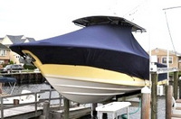 Photo of Southport 28CC 20xx T-Top Boat-Cover on Lift, viewed from Port Front 