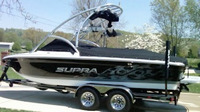 Supra® Launch 21V Cockpit-Cover-with-Ski-Tower-OEM-G2™ Factory Snap-On COCKPIT COVER for boat with Factory-Installed Ski/Wakeboard Tower, includes Adjustable Support Pole(s) and reinforced Snap(s) inside Cover for Tip of Pole(s), OEM (Original Equipment Manufacturer)