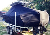 Tidewater® 250LXF T-Top-Boat-Cover-Sunbrella-1849™ Custom fit TTopCover(tm) (Sunbrella(r) 9.25oz./sq.yd. solution dyed acrylic fabric) attaches beneath factory installed T-Top or Hard-Top to cover entire boat and motor(s)