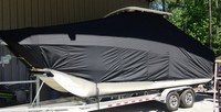 World Cat® 255 DC T-Top-Boat-Cover-Elite-1899™ Custom fit TTopCover(tm) (Elite(r) Top Notch(tm) 9oz./sq.yd. fabric) attaches beneath factory installed T-Top or Hard-Top to cover boat and motors