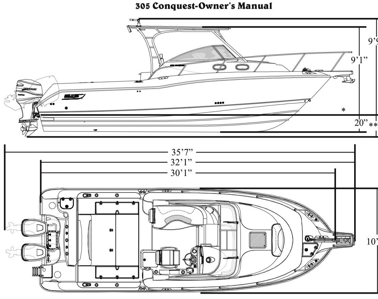 Photo of Boston Whaler Conquest 305, 2006: Boat LOA CLL Beam and other measurements 