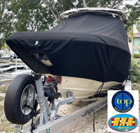 Photo of Boston Whaler Vantage 230 Hard-Top, 2017 TTopCover™ T-Top boat cover Black Sunbrella, viewed from port front  (Factory OEM) 