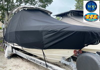 Photo of Boston Whaler Vantage 230 Hard-Top, 2017 TTopCover™ T-Top boat cover Black Sunbrella, viewed from Starboard Front  (Factory OEM) 