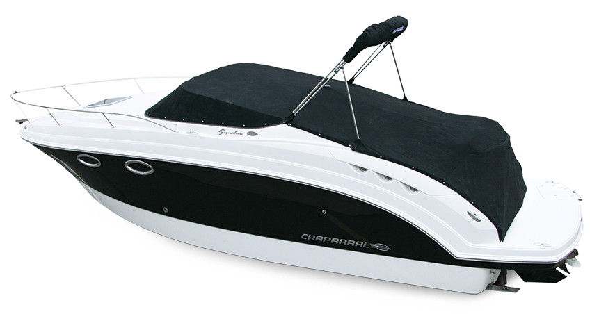 Photo of Chaparral 330 Signature No Arch, 2015: Bimini Top in Boot, Bow Cover Cockpit Cover, viewed from port rear  (Factory OEM) 