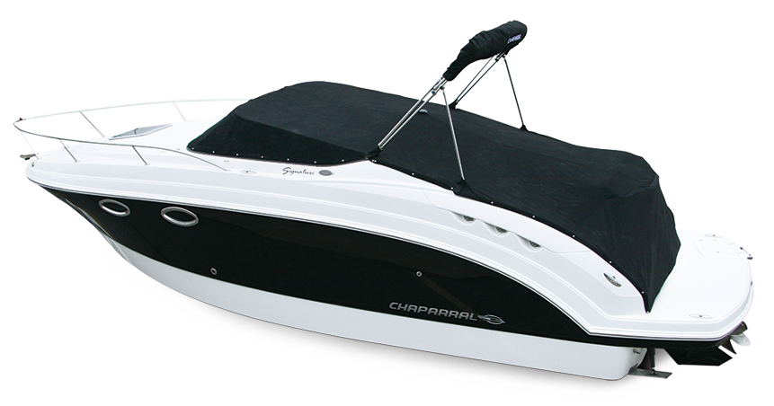 Photo of Chaparral 330 Signature No Arch, 2015: Bimini Top in Boot, Bow Cover Cockpit Cover, viewed from port rear  (Factory OEM) 
