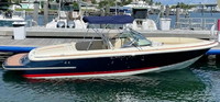 Photo of Chris Craft Launch 23, 2020 Captain-Navy Sunbrella Bimini Top, viewed from Starboard Side 