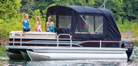 Pontoon-Aft-Windbreak-Enclosure-OEM-D1&trade;Factory PONTOON AFT WINDBREAK ENCLOSURE CANVAS SET: AFT Bimini Top Canvas (No Frame), Front Curtain, (2) Side Curtains and Aft Curtain to create a pontoon windbreak enclosure which completely encloses the aft or rear pontoon seating area and provides full protection from the elements, turning the boat into a 'camper' on the water with an open front seating area, OEM (Original Equipment Manufacturer)