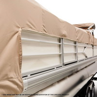 Pontoon-Aft-Bimini-Mooring-Cover-Rail-Lok-OEM-D™Factory Original Equipment Manufacturer (OEM) Pontoon Boat Mooring Cover with Cutouts for AFT (rear) Bimini Top (aka canopy) Frame (not included) to pass through, using patended Rail Lok(tm) system instead of Snaps