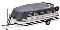 Pontoon-Aft-Bimini-Mooring-Cover-Rail-Lok-OEM-D™Factory Original Equipment Manufacturer (OEM) Pontoon Boat Mooring Cover with Cutouts for AFT (rear) Bimini Top (aka canopy) Frame (not included) to pass through, using patended Rail Lok(tm) system instead of Snaps