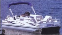 Carver-Pontoon-Cover-Fishing-Chair-Sunbrella&trade; Sunbrella(r) fabric boat cover for Pontoon (or Tritoon) boat with Low Rails or Fishing Chairs at Fore and Aft End of Deck, and Bimini-Top(s) lowered. Manufactured by Carver(r) covers in Landrum, SC