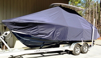 Photo of Regulator 23FS 20xx TTopCover&trade; T-Top boat cover Extended Skirts, viewed from port front  (Factory OEM) 