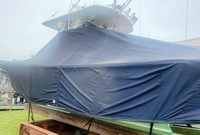 Photo of Regulator 26XO 20xx LaPorte&trade; T-TopCover TTopCover&trade; T-Top boat cover, viewed from port rear from RnR-Marine&trade; 