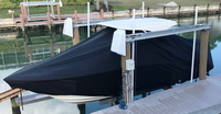Photo of Scout 255 Dorado, 2019: LaPorte&trade; T-TopCover TTopCover&trade; T-Top boat cover on lift, viewed from Starboard Front from RnR-Marine&trade; 