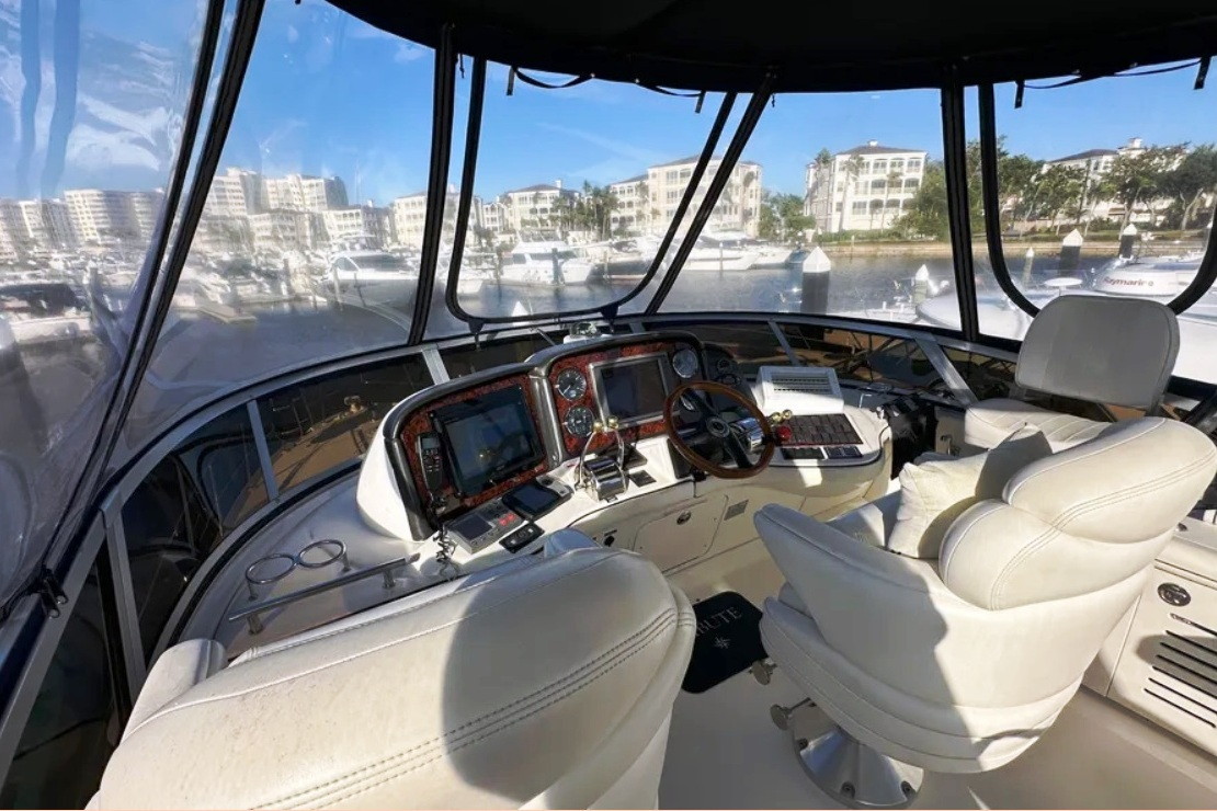 Photo of Sea Ray 420 Sedan Bridge, 2005: Bridge Bimini Full Enclosure, inside, front  (Factory OEM) 