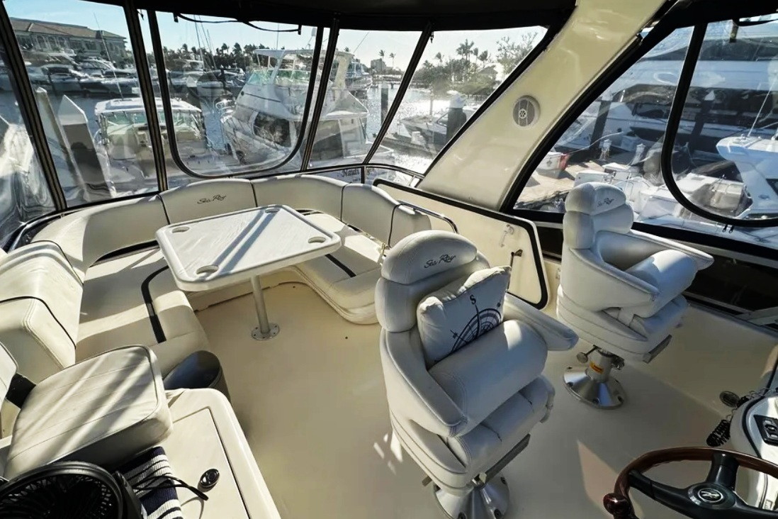 Photo of Sea Ray 420 Sedan Bridge, 2005: Bridge Bimini Full Enclosure, inside, rear  (Factory OEM) 