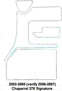 Carpet-Set_Snap-In-Carpet_CHPL270SIG05&trade;SKU# CHPL270SIG05, (4) piece Snap-In Marine Carpet Mat Set (4 Cockpit) for 2002-2005 (verify 2006-2007) Chaparral(r) 270 Signature. Custom fit mat(s) offered in Marine Carpet (Berber, Cut Pile or Marine Tuft with AquaLoc(tm) or HydraBak(tm) backing) OR Marine Weave Vinyl (with thick Vinyl backing) (these backings do NOT degrade like some factory OEM black rubber backing), durable Sunbrella(r) edge binding and Stainless Steel Snaps