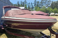 Photo of Tahoe Q5i No Tower, 2013: Bimini Top in Boot, Bow Cover Cockpit Cover Burgundy ClimaShield Plus, viewed from Starboard Front 