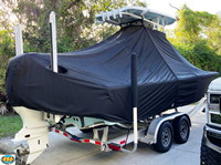 Photo of Tidewater® 2300 Carolina Bay, 2023 T-TopCover TTopCover™ T-Top boat cover with dual Power Poles, viewed from Starboard Rear  (Factory OEM) 