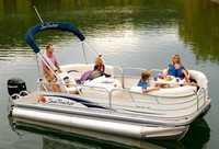 Photo of Tracker Sun Tracker Party Barge 18, 2008: Aft Bimini Top in Boot, viewed from Starboard Front 