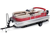 Photo of Tracker Sun Tracker Party Barge 20 DLX, 2017: Aft Canopy Top in Boot Lowered, port front Tracker (Factory OEM website photo) 