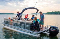 Photo of Tracker Sun Tracker Party Barge 20 DLX, 2017: Aft Canopy Top in Boot, port rear Tracker (Factory OEM website photo) 